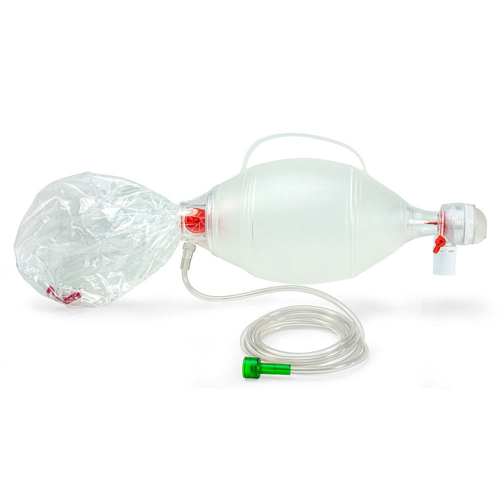 Clear plastic manual resuscitator bag with mask and oxygen tubing