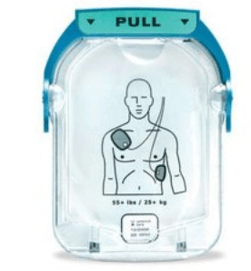 Close-up of a blue AED electrode pad cartridge with pull tab and adult pad diagram