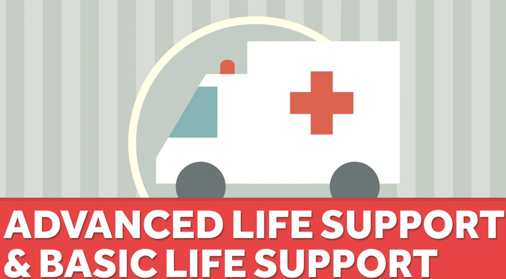 Flat illustration of an ambulance with a red cross inside a circle, labeled Advanced Life Support and Basic Life Support