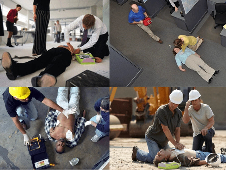 Four-panel collage of people performing CPR and using an AED in office and construction settings