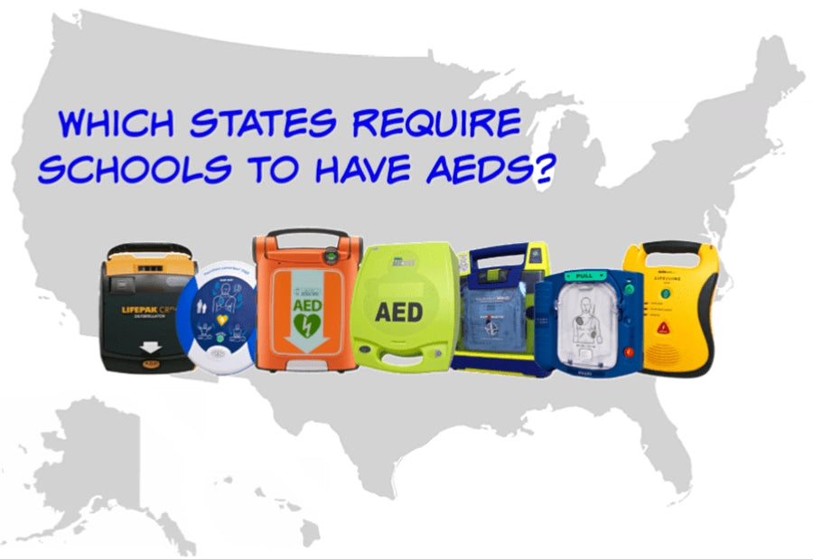 Row of assorted AED devices in front of a faded United States map with text asking which states require schools to have AEDs