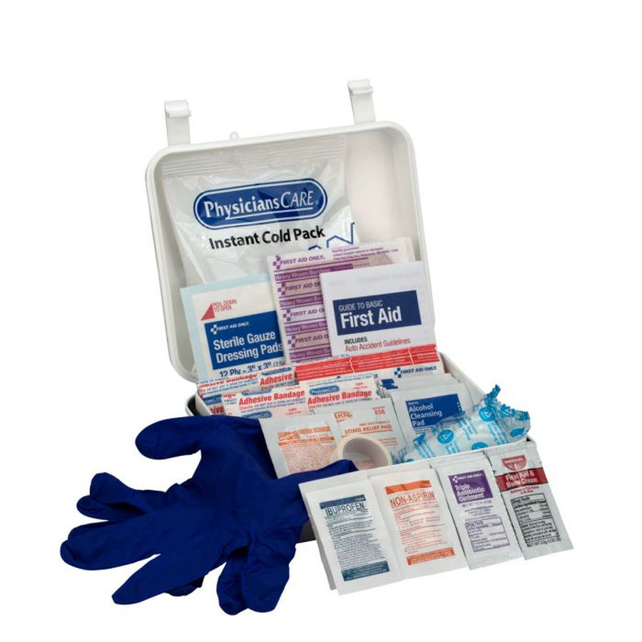 Open Physicians Care first aid kit case with cold pack, gauze, gloves, and medication packets