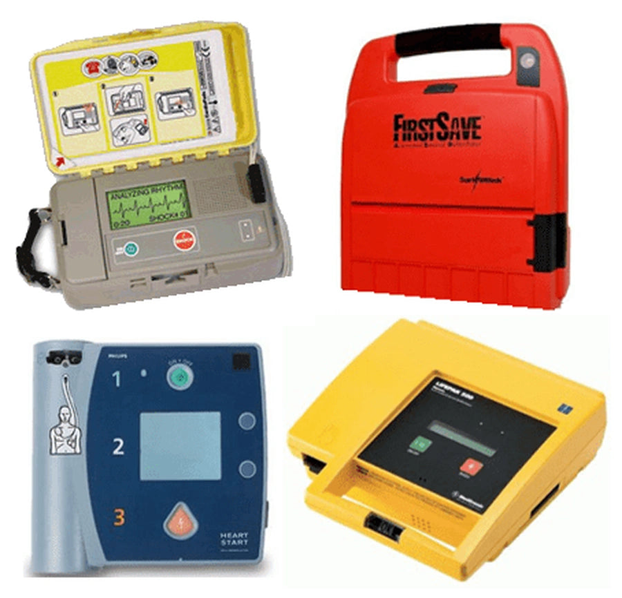 Four-panel collage of vintage and modern defibrillator models