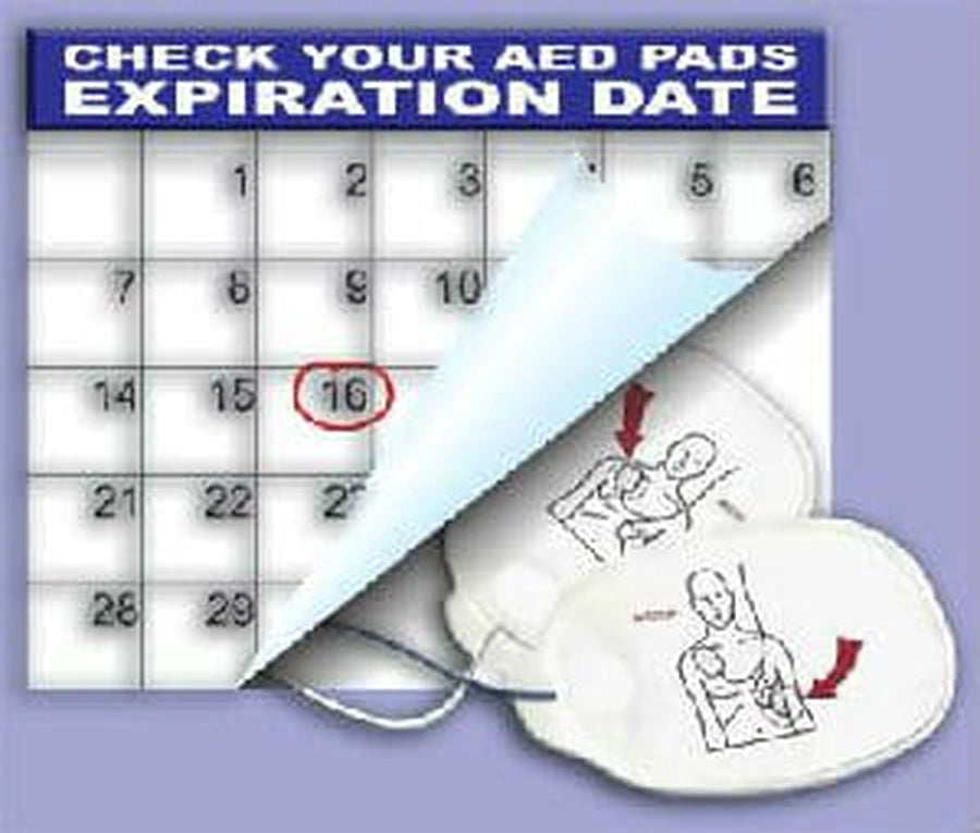 Calendar reminder to check AED pads expiration date next to an AED pads package