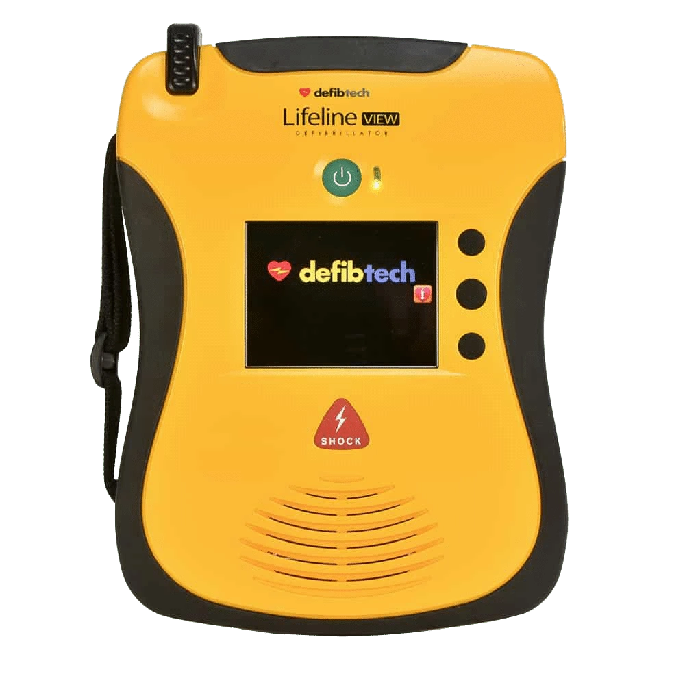 Yellow Defibtech Lifeline View AED device with digital display screen
