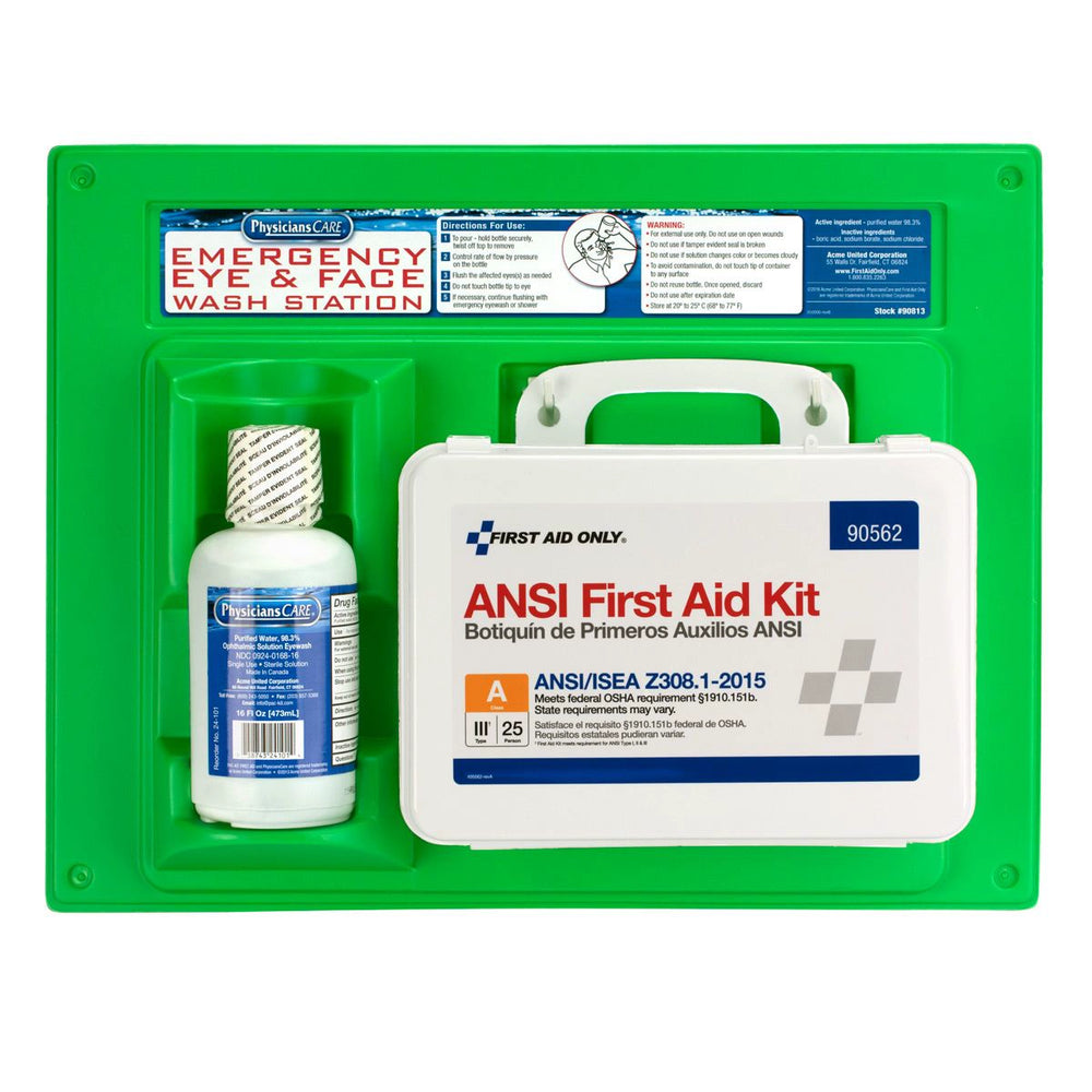 Green wall-mounted emergency eye and face wash station with an eyewash bottle and first aid kit