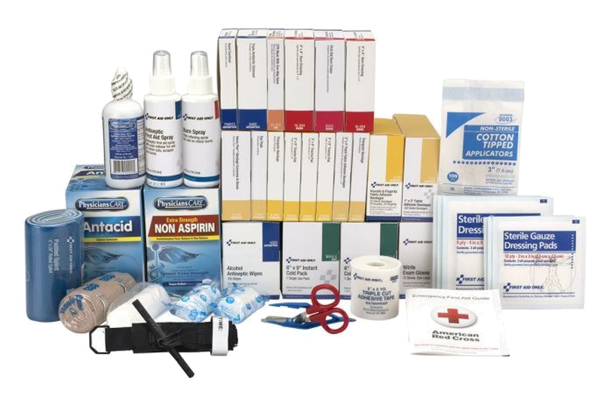 XL and XXL first aid cabinet refill with sprays, antacid and non-aspirin tablets, and bandage boxes
