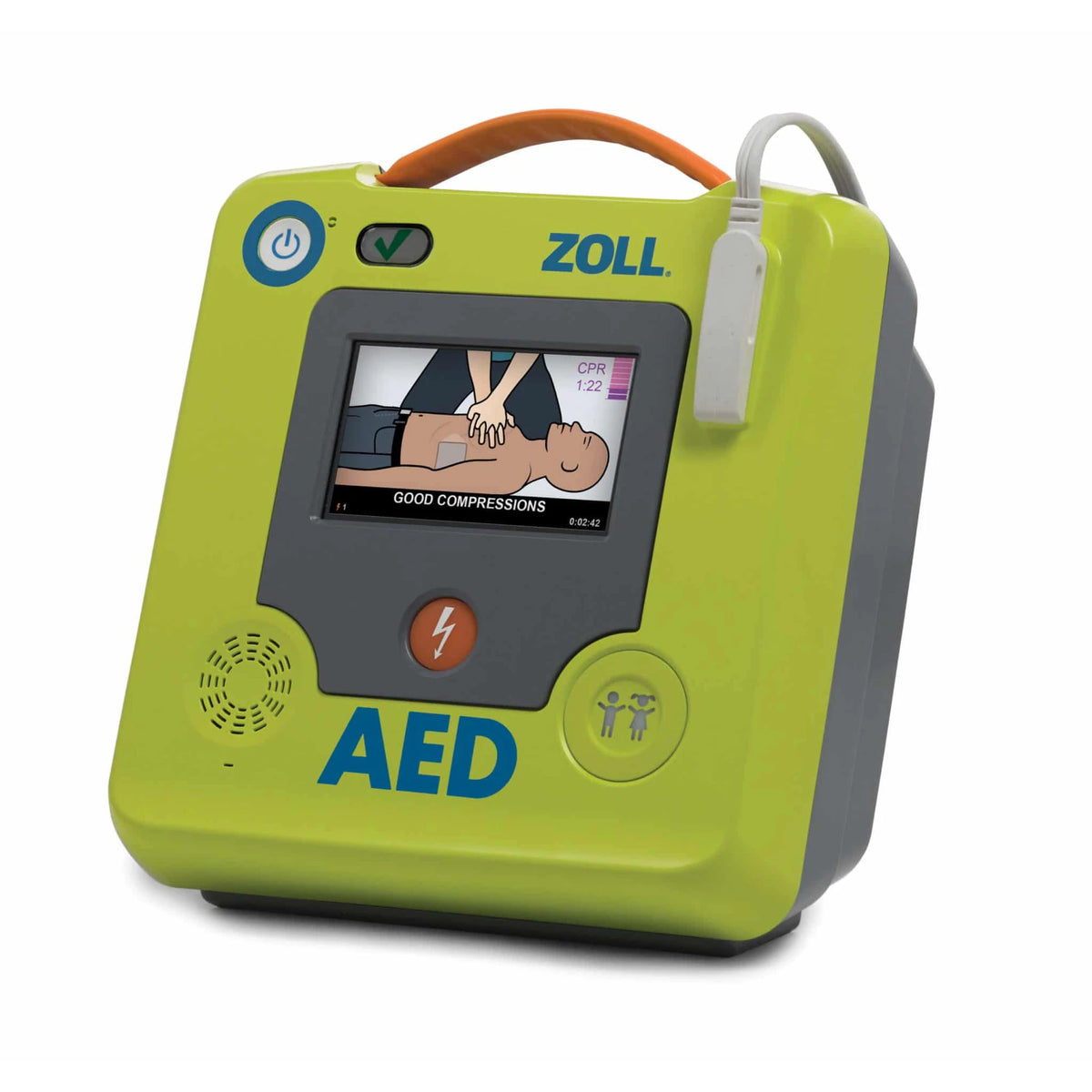 ZOLL AED 3 angled 3/4 view with the electrode cable connector and Good Compressions CPR feedback on screen