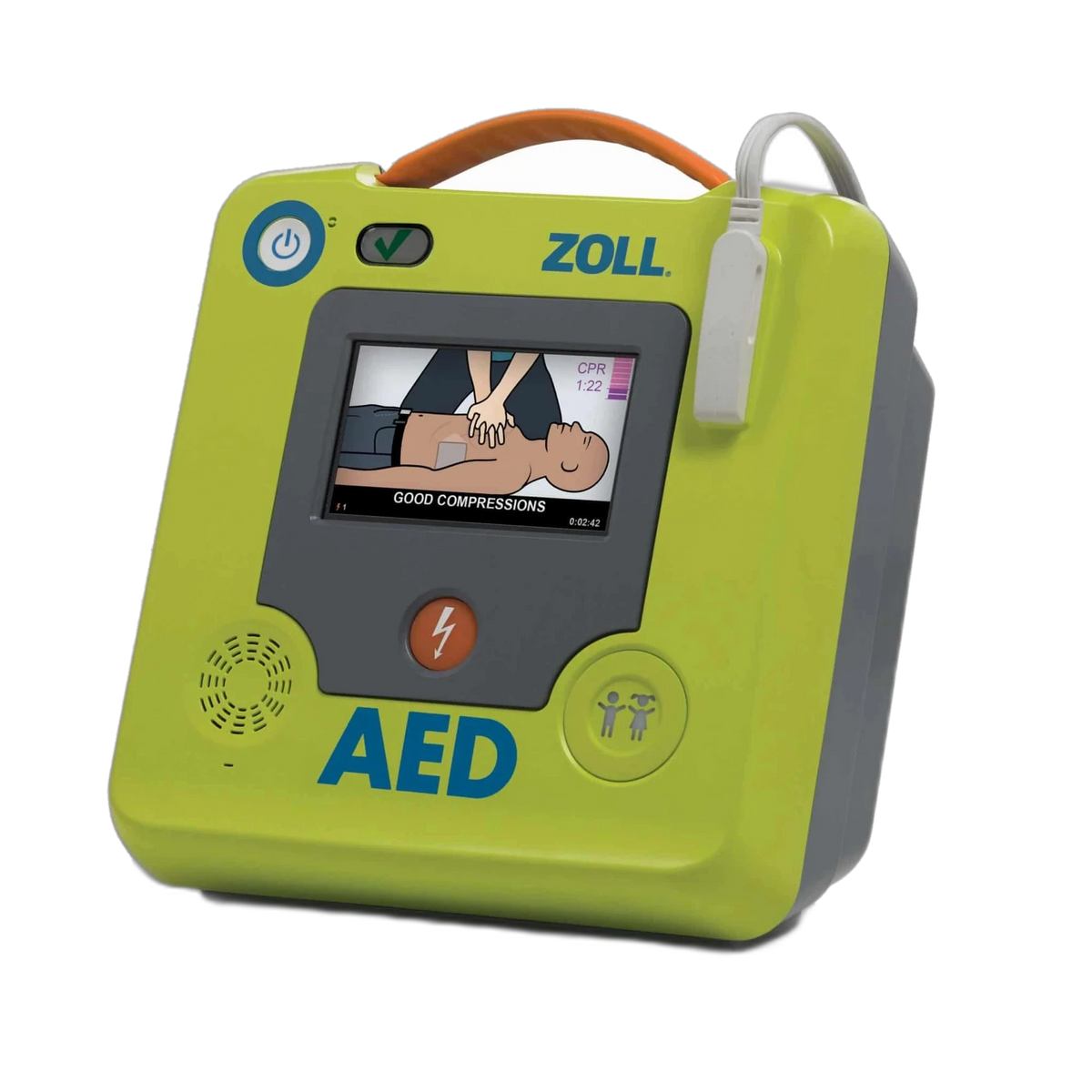ZOLL AED 3 angled view with the full-color touchscreen showing an animated Good Compressions CPR coach