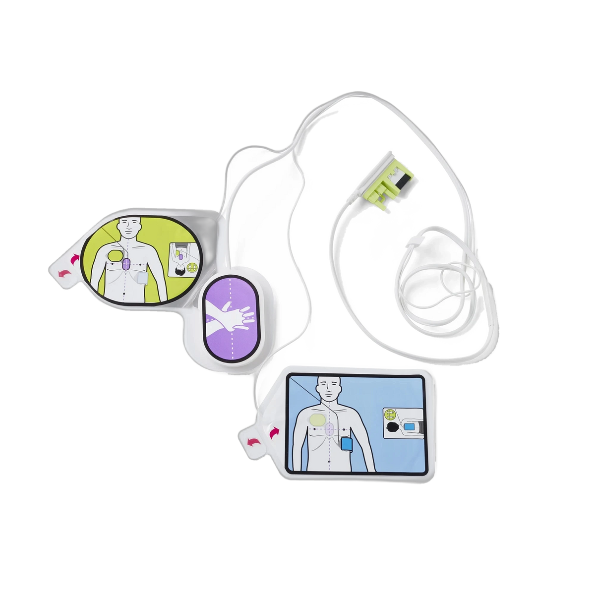 Zoll AED 3 CPR Uni-padz adult/child electrode pads, unpackaged showing the yellow chest pad, purple CPR feedback puck, and blue back pad connected by wires to a green-and-white connector