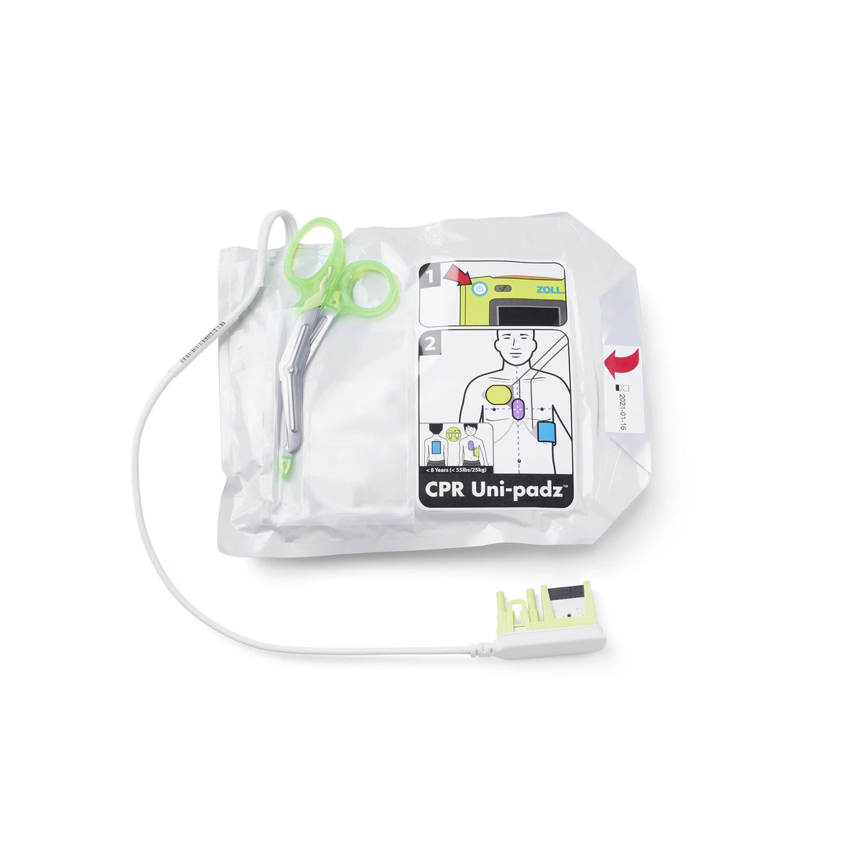 Zoll AED 3 CPR Uni-padz package, sealed pouch with green scissors, a step 1 power-on diagram and step 2 pad placement diagram for children under 8 years/55 lbs
