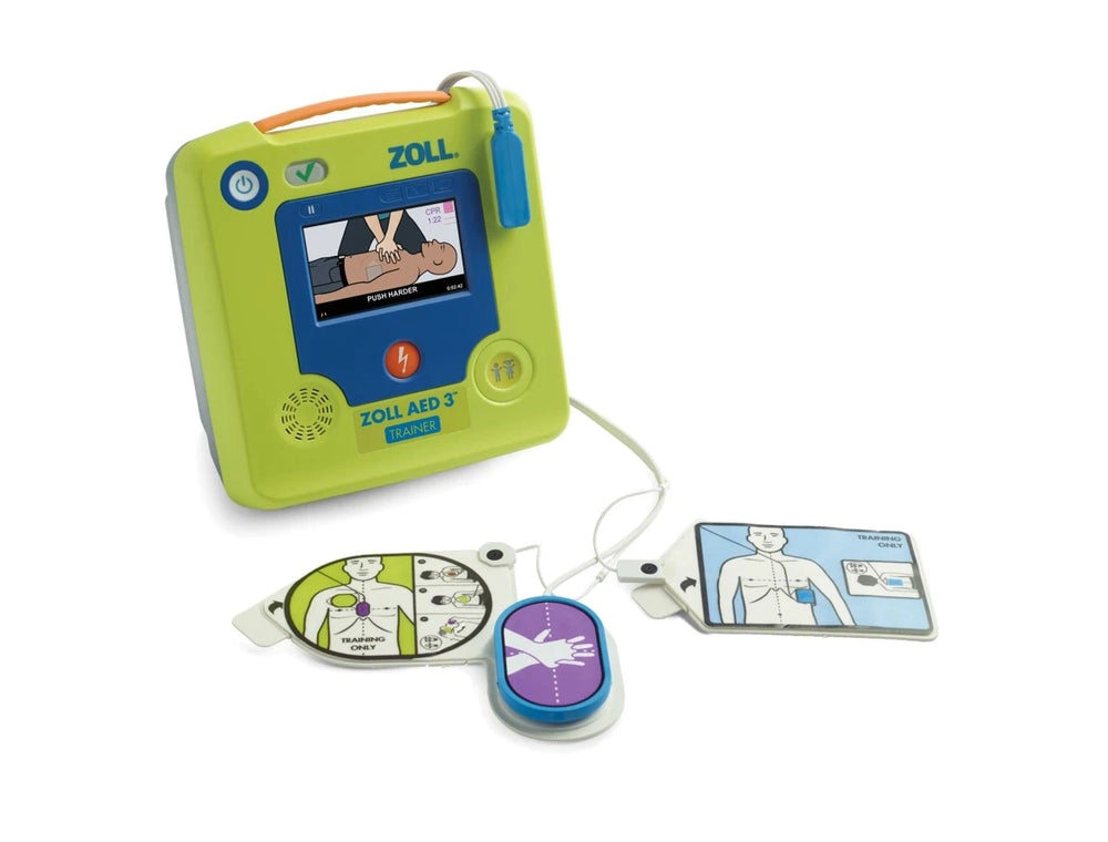 ZOLL AED 3 Trainer device with electrode pads and CPR feedback puck displayed beside it