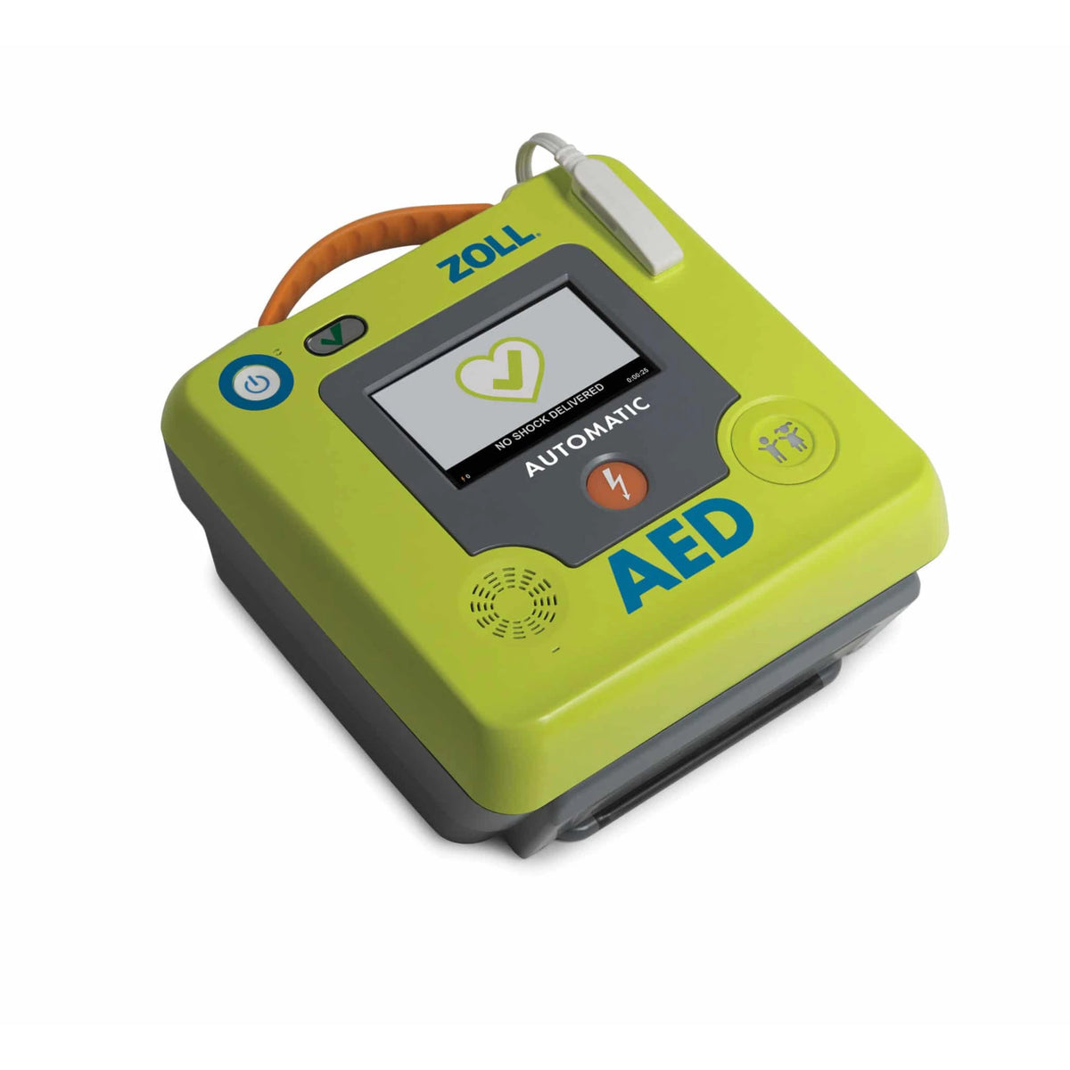 ZOLL AED 3 top-down angled view with the screen showing No Shock Delivered in Automatic mode