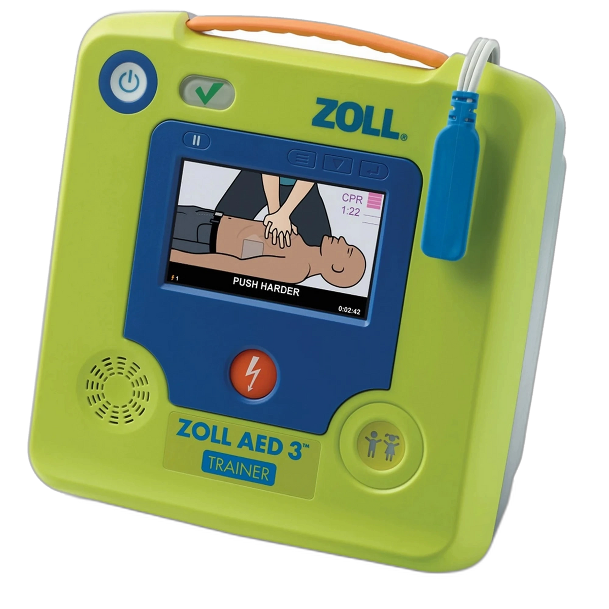 ZOLL AED 3 Trainer angled view with the screen showing an animated Push Harder CPR coaching scenario