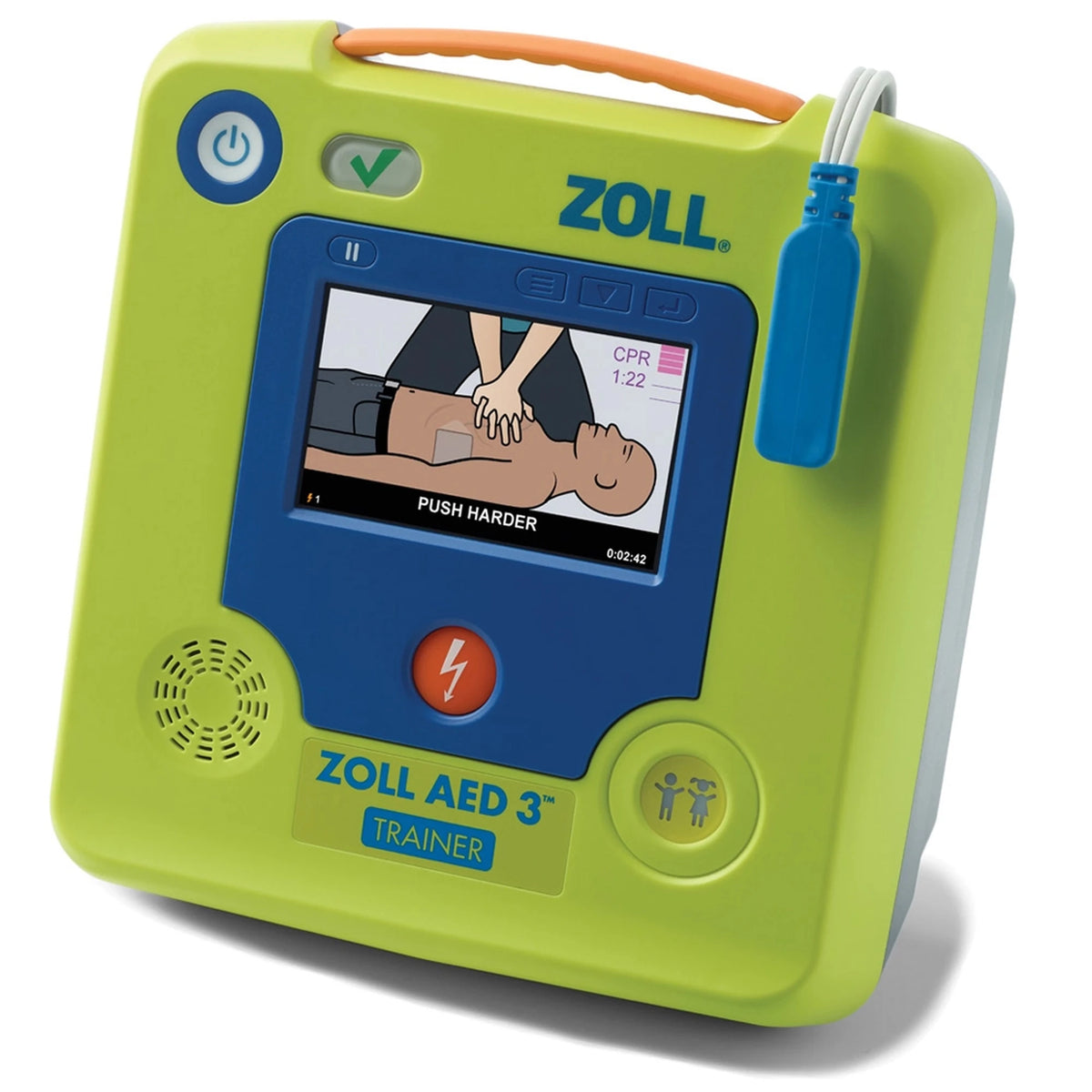 ZOLL AED 3 Trainer angled view with the screen showing an animated Push Harder CPR coaching scenario