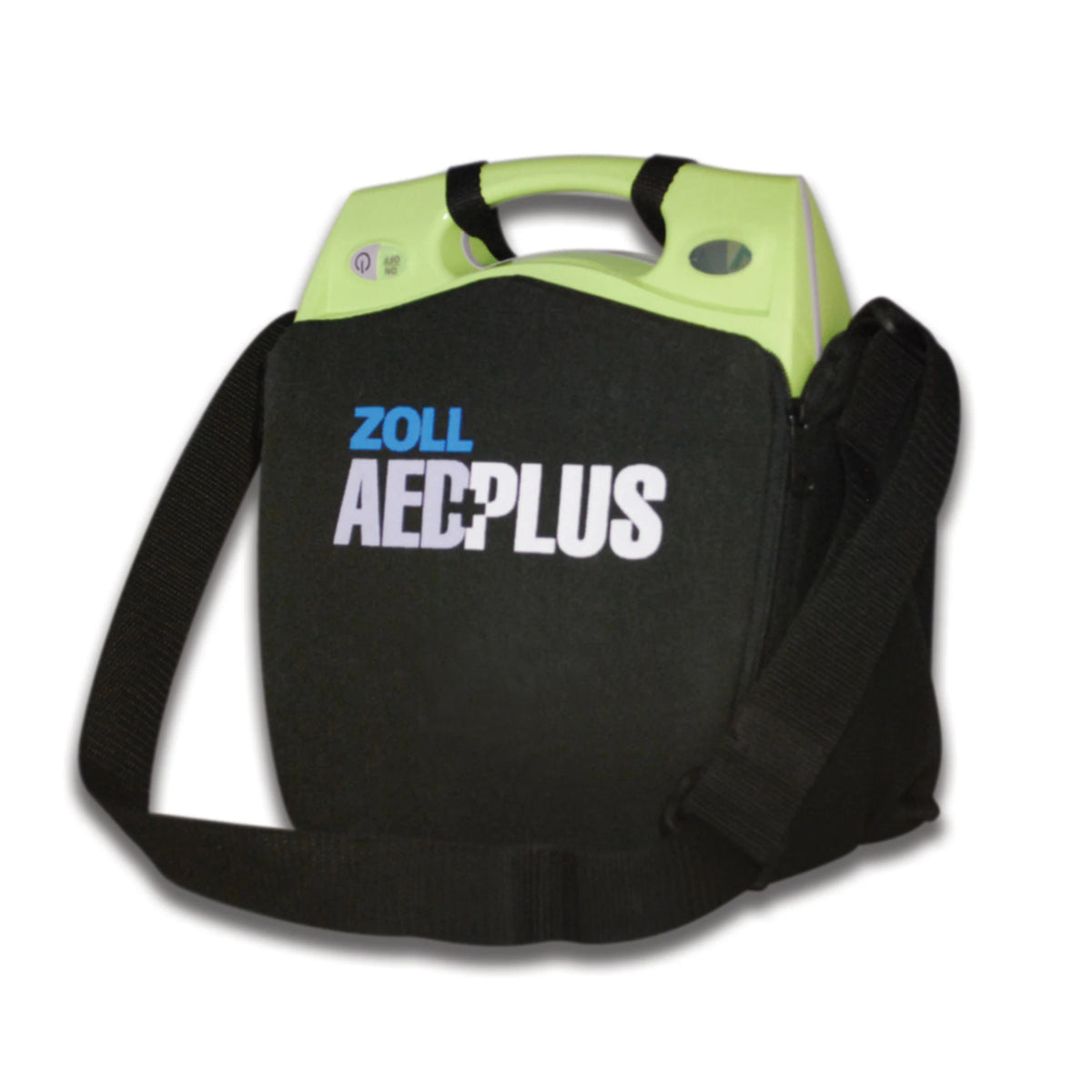 ZOLL AED Plus in its labeled black carry case with shoulder strap