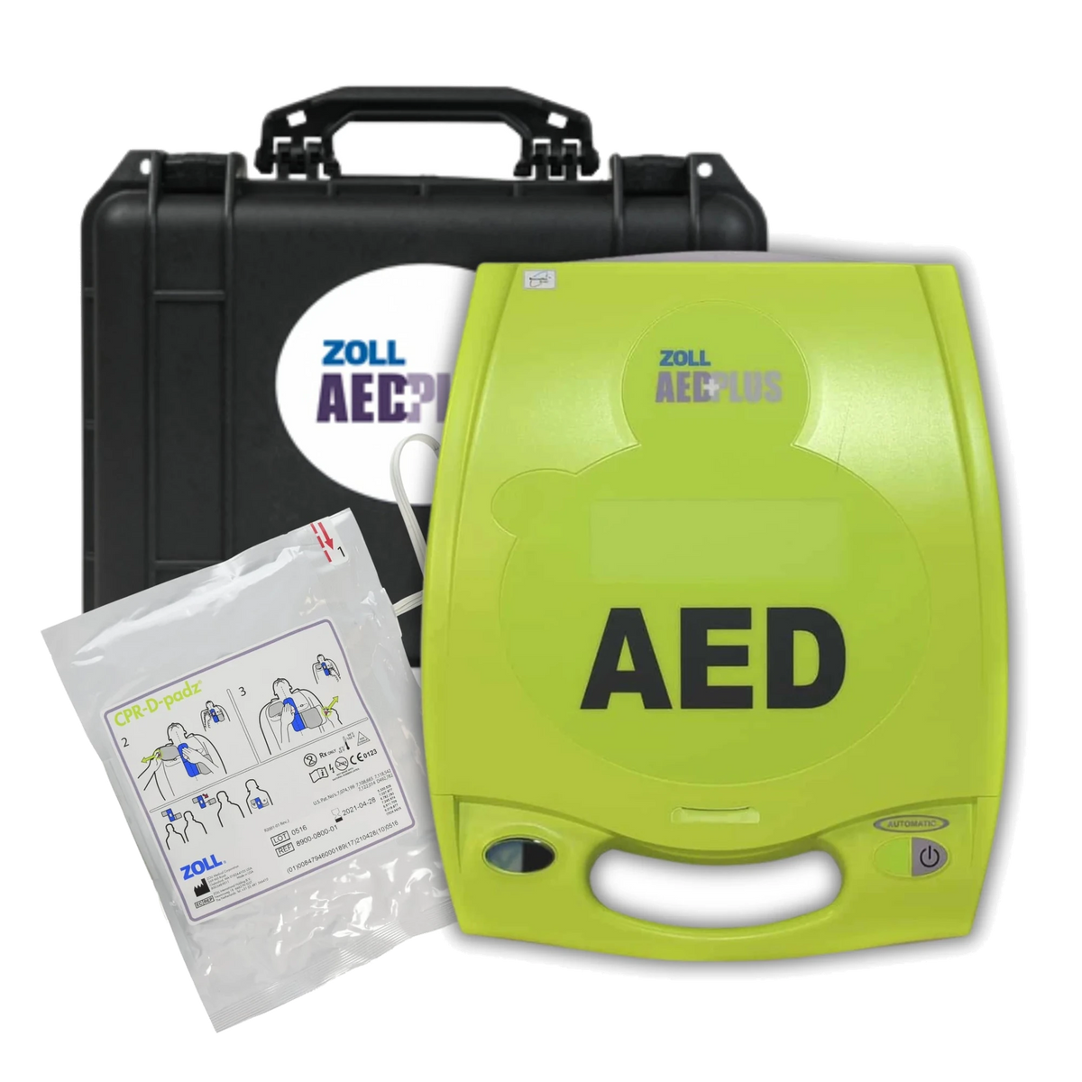 ZOLL AED Plus value package, lime green AED Plus defibrillator with CPR-D-padz electrode pads and a black hard carrying case printed with the ZOLL AED Plus logo