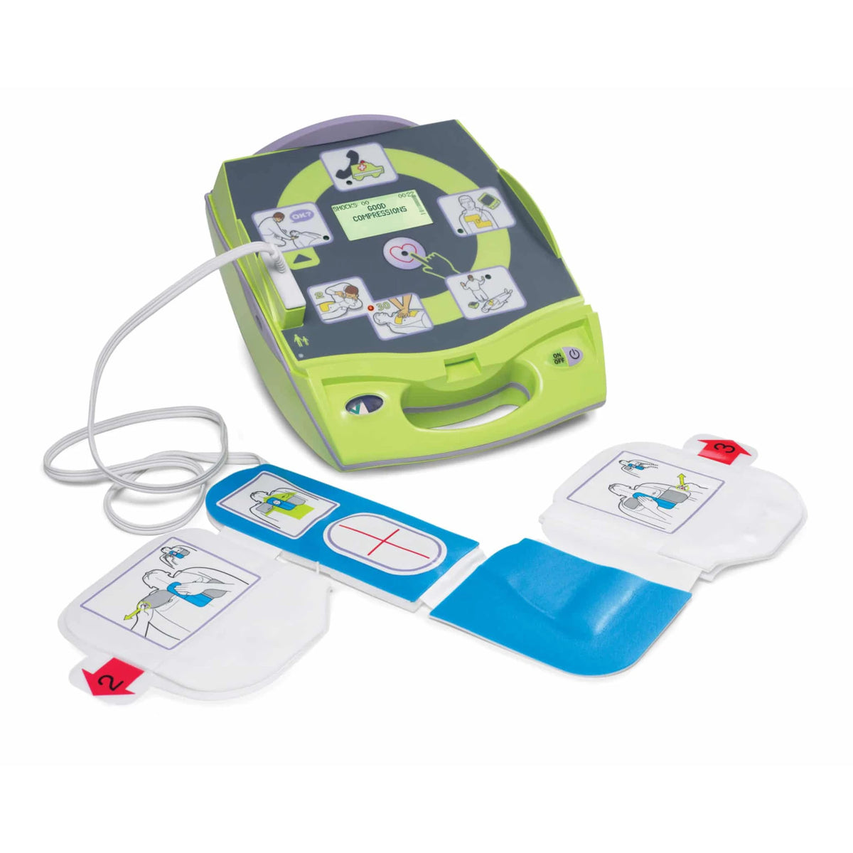 ZOLL AED Plus open with the one-piece CPR-D-padz electrode connected in front