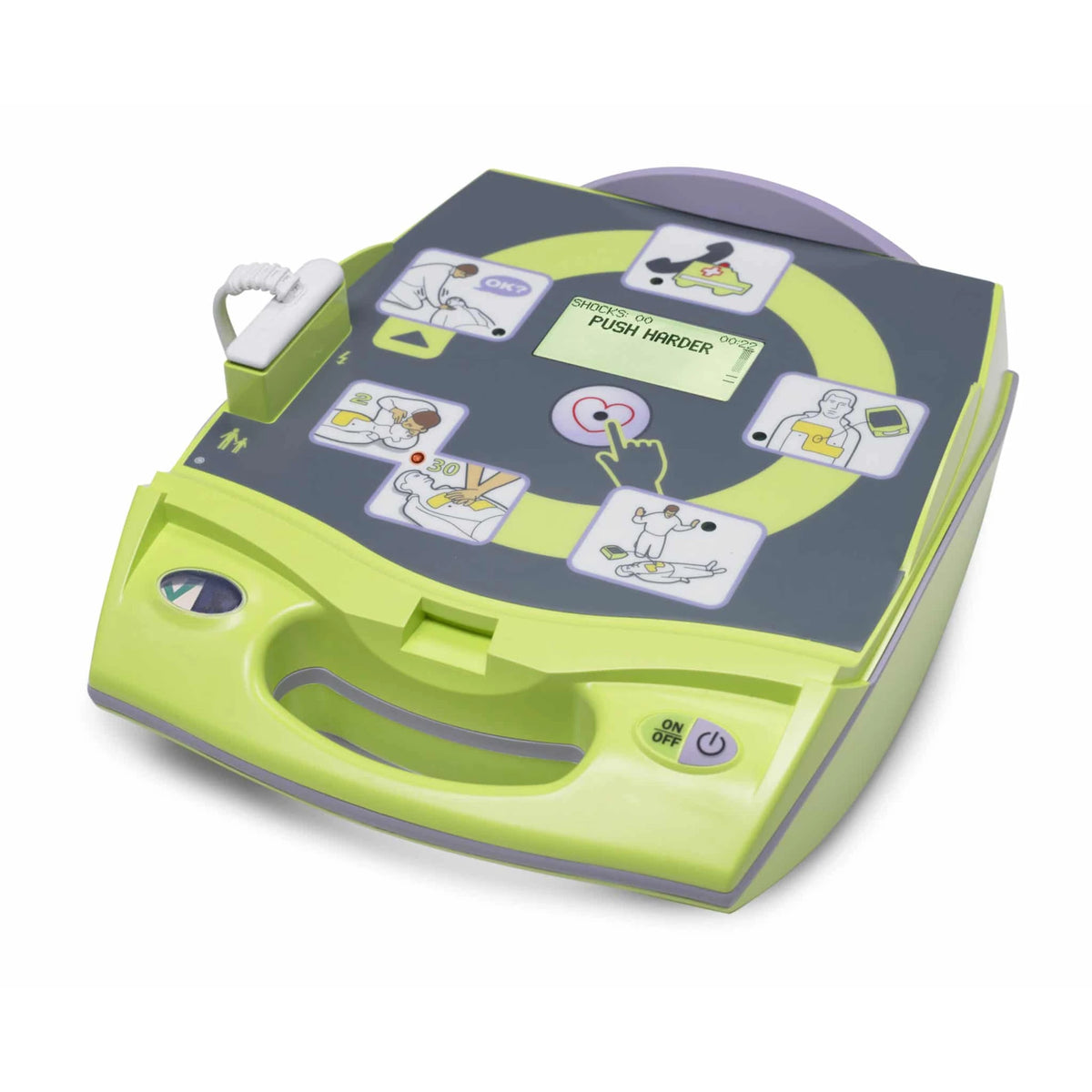 ZOLL AED Plus open, showing the rescue pictogram panel and Real CPR Help feedback screen