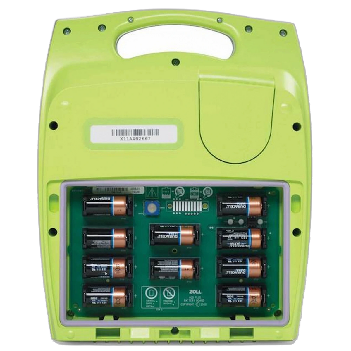 Zoll AED Plus battery compartment opened showing ten Duracell CR123A lithium batteries installed on the green circuit board battery tray