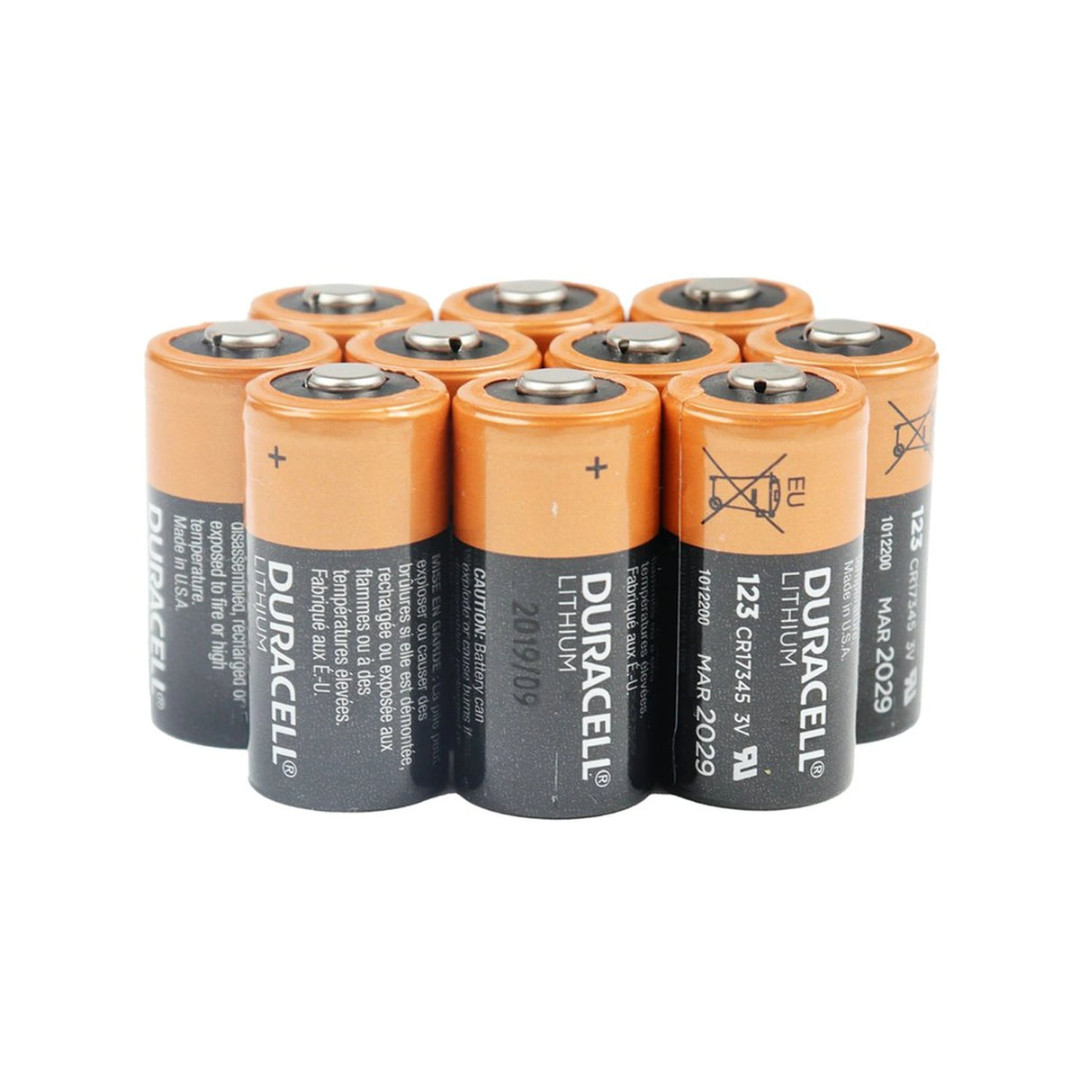 Ten Duracell 123 3V lithium batteries (CR17345) grouped together, showing the copper-and-black cylindrical cells with positive terminals facing up