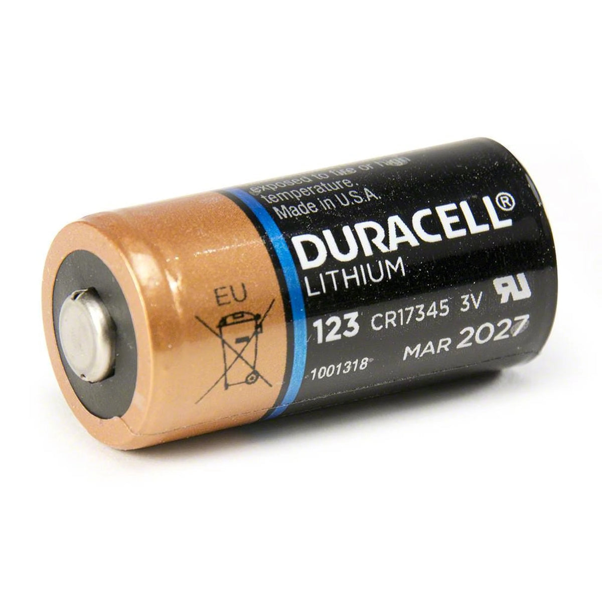Single Duracell 123 3V lithium battery (CR17345), angled close-up showing the label with expiration date March 2027