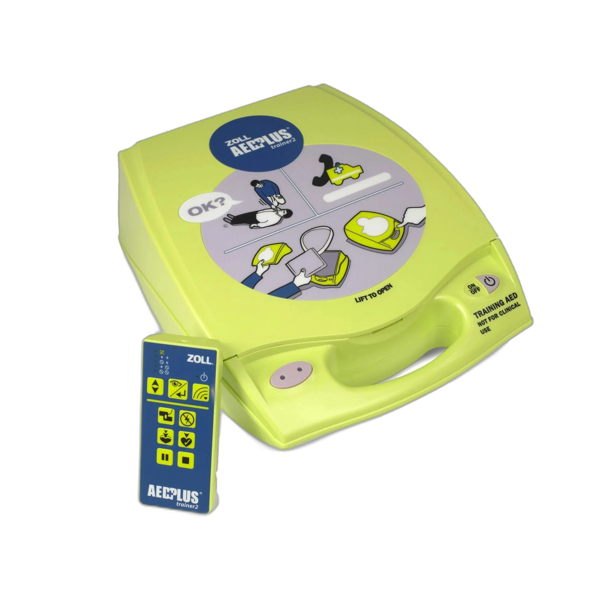 ZOLL AED Plus Trainer II closed lime-green case with wireless remote control