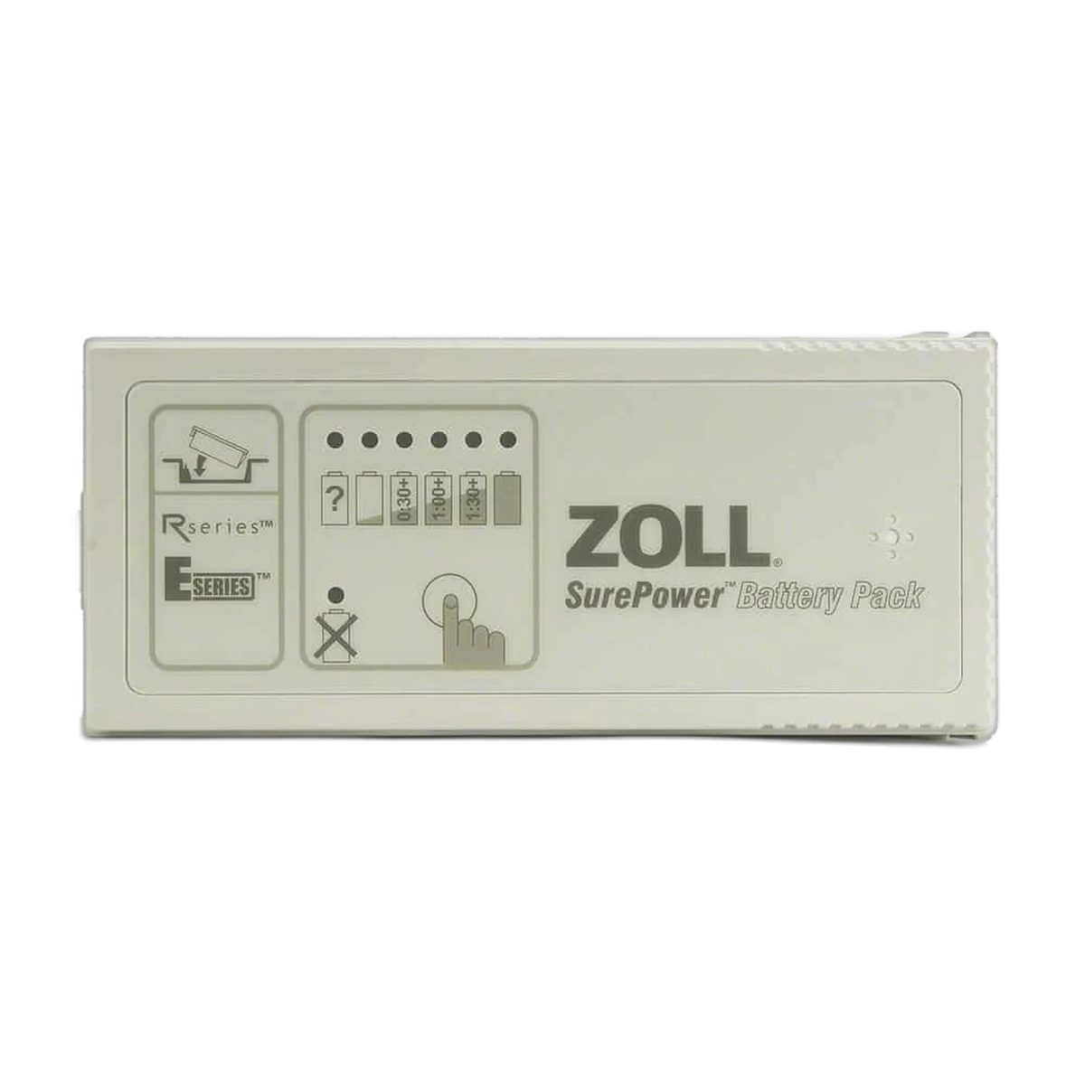 Zoll SurePower rechargeable battery pack for R Series and E Series defibrillators, tan rectangular case with a battery-charge-level diagram and press-to-test button