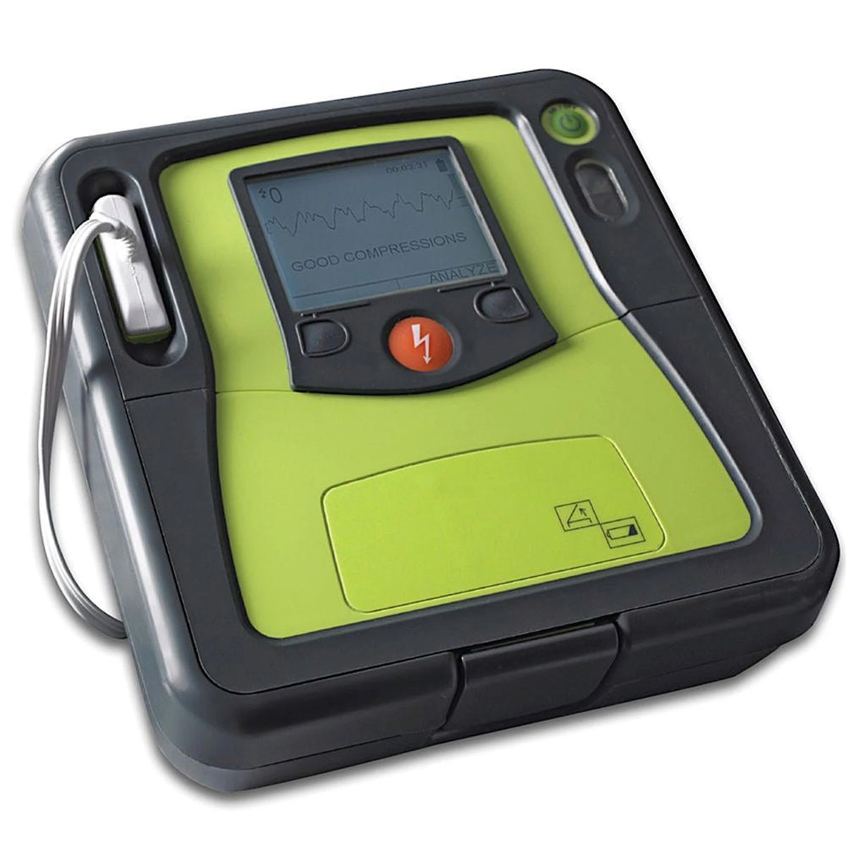 ZOLL AED Pro defibrillator angled view showing the See-Thru CPR waveform display with Good Compressions