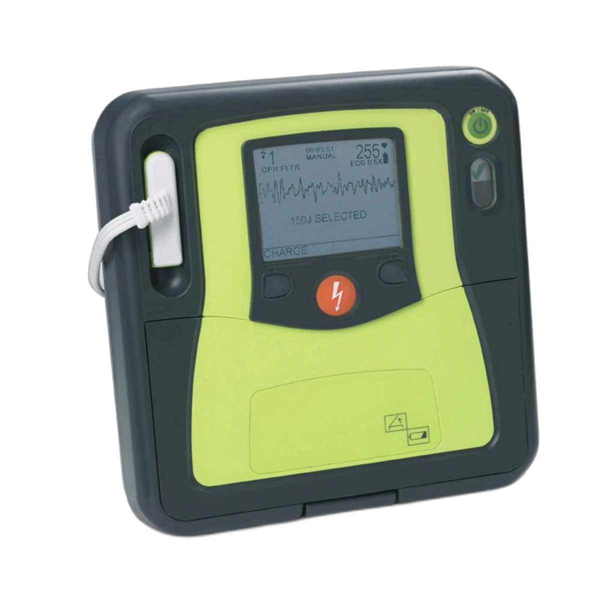 ZOLL AED Pro defibrillator showing a live ECG waveform with manual 150 joule energy selected