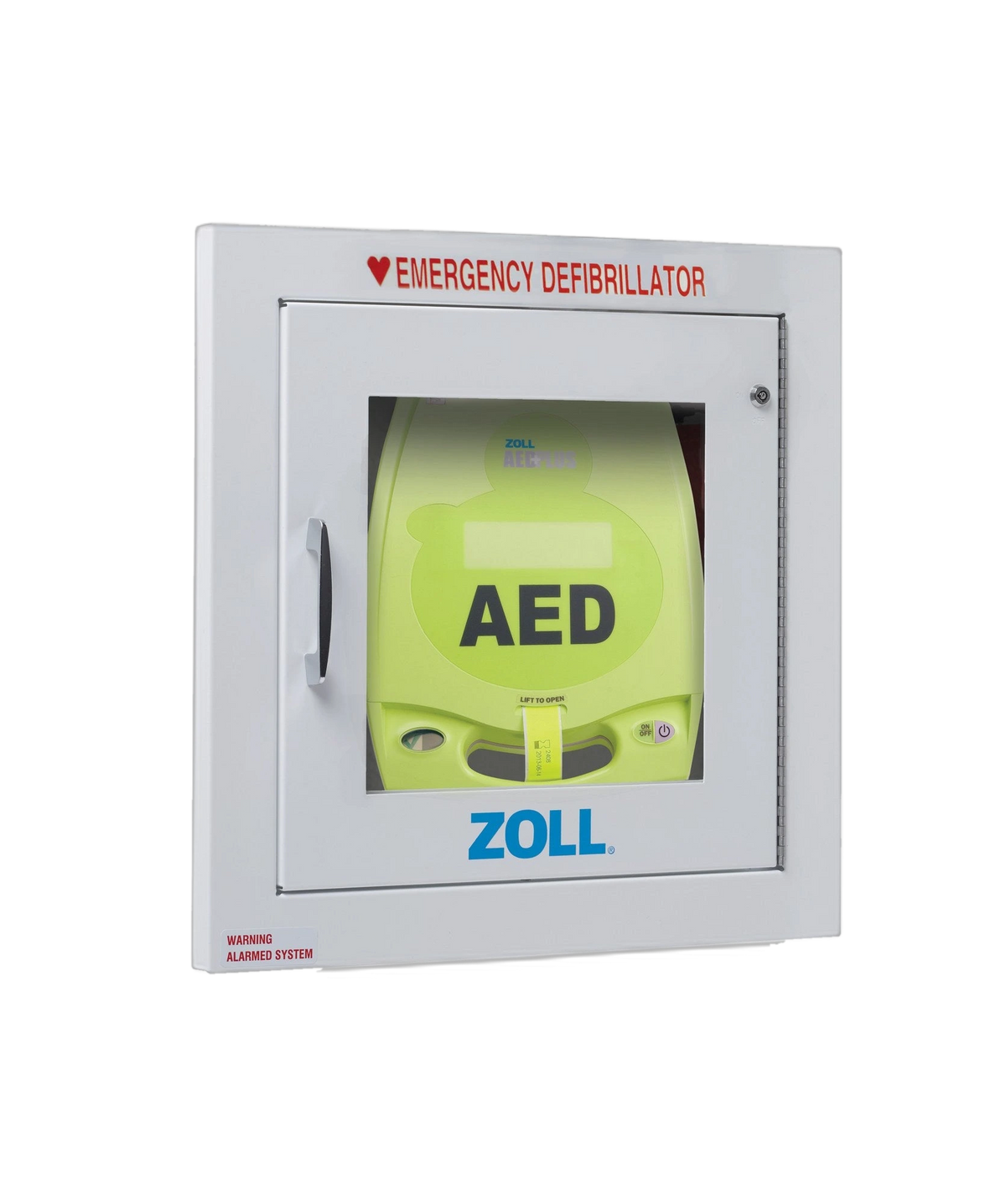 ZOLL brand AED wall cabinet, recessed, white cabinet with EMERGENCY DEFIBRILLATOR lettering and a ZOLL AED Plus inside