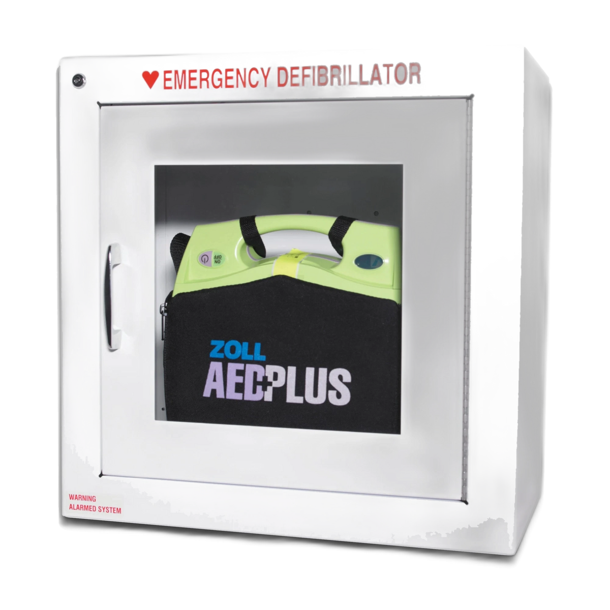 ZOLL brand AED wall cabinet with mount, white cabinet with EMERGENCY DEFIBRILLATOR lettering and a ZOLL AED Plus inside