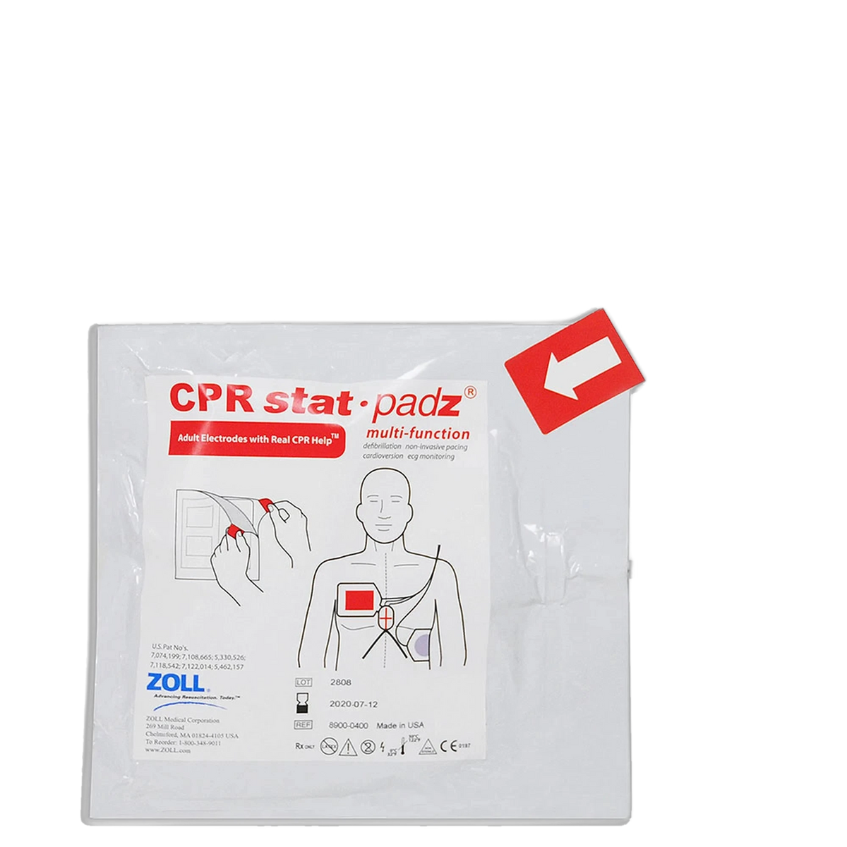 Zoll CPR Stat-padz multi-function adult defibrillation electrode package, sealed pouch with green connector and coiled wire, front label showing pad placement diagram on a torso