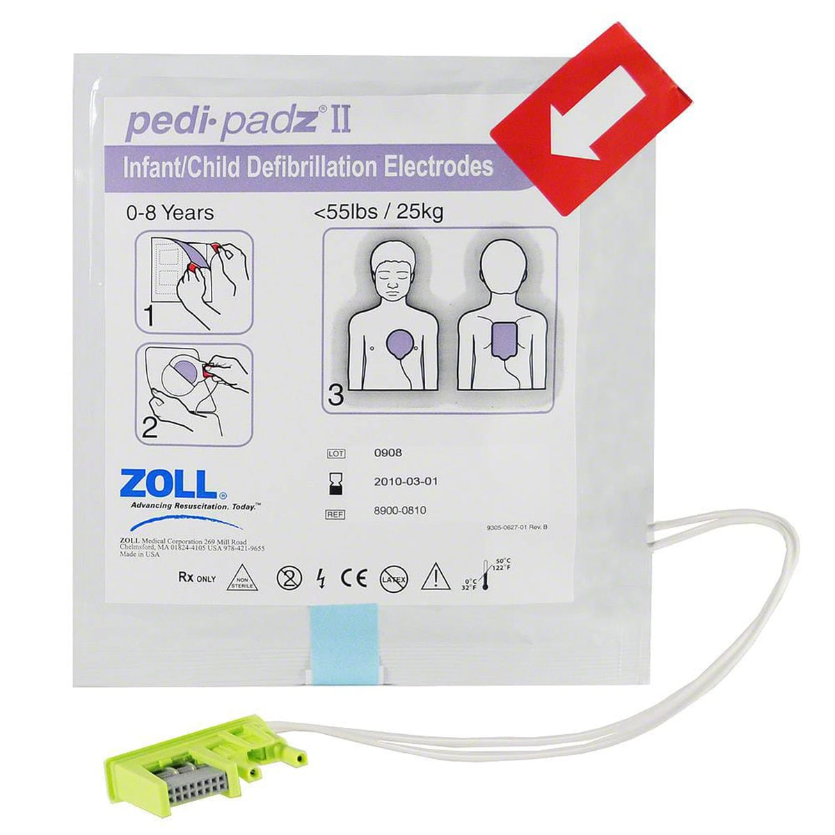 Zoll Pedi-padz II package back label showing numbered diagrams for connecting the pads to an AED and closing the lid