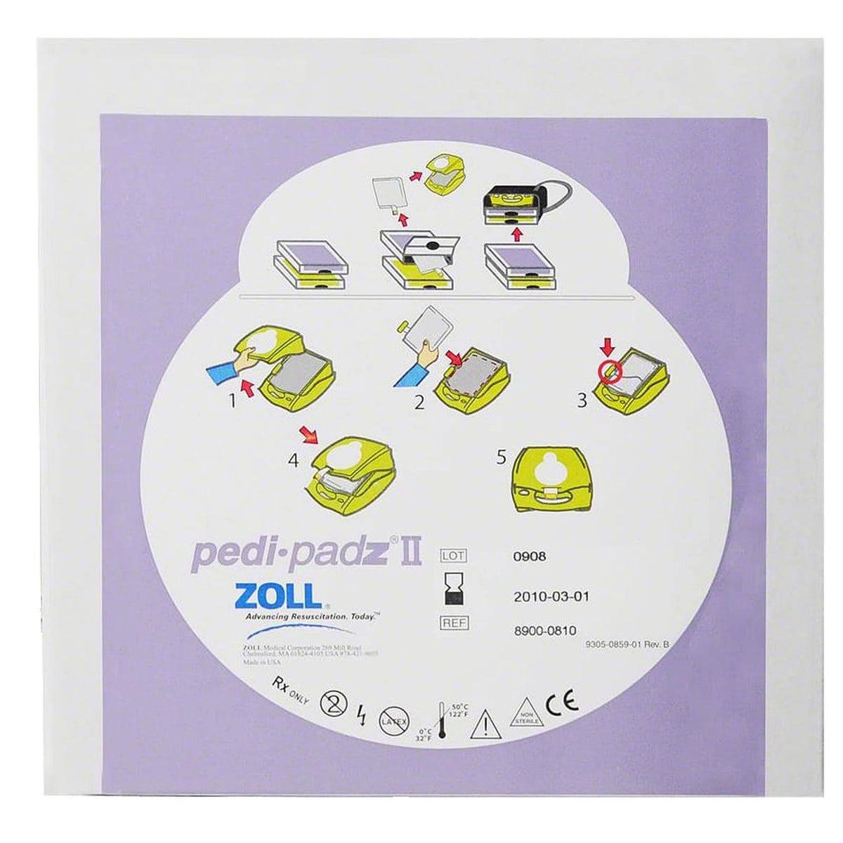 Zoll Pedi-padz II package back label, sealed pouch showing REF 8900-0810 with a compatibility and assembly diagram