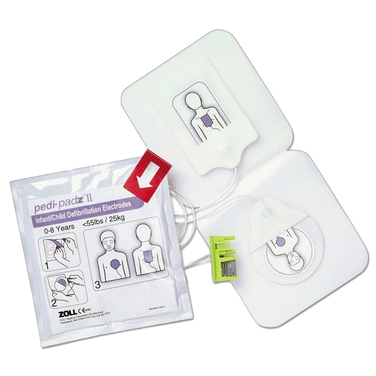 Zoll Pedi-padz II Infant/Child Defibrillation Electrodes, two round/oval pads with torso placement diagrams connected by wires to a green connector, shown beside the sealed foil package