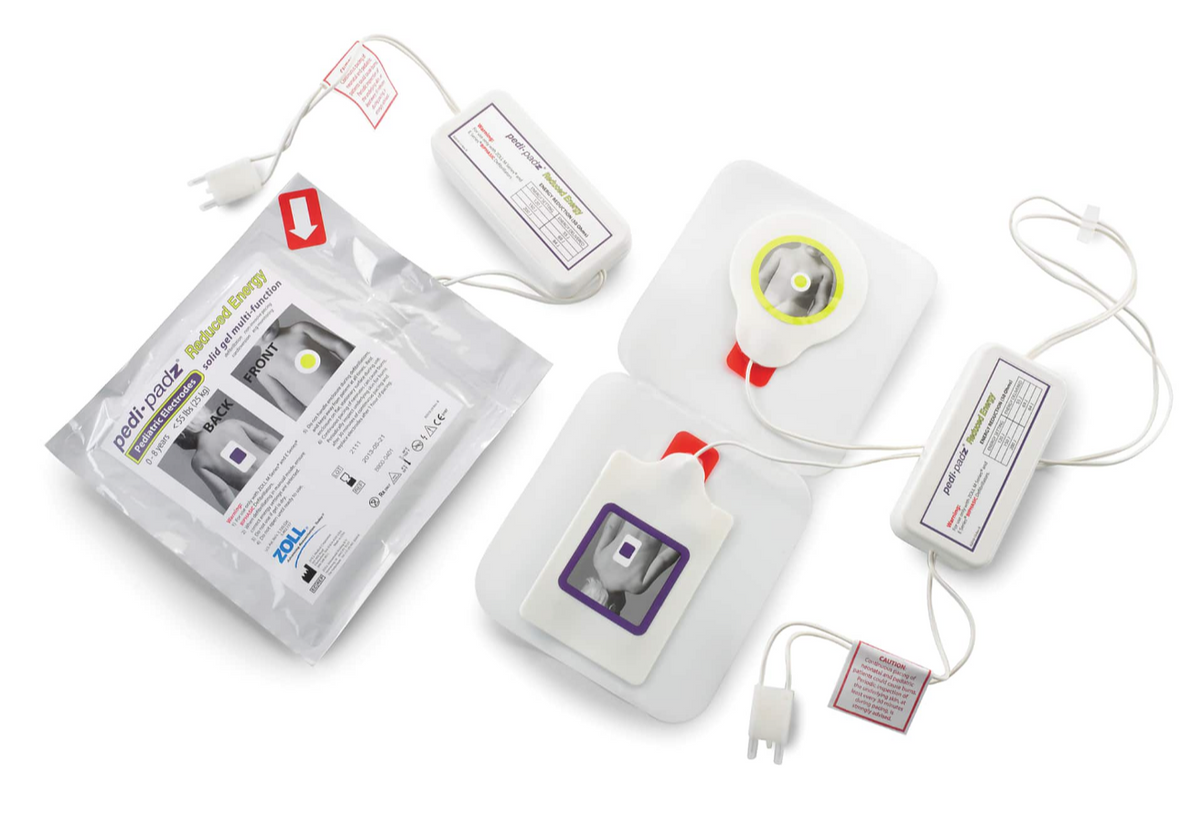 ZOLL Pedi-padz reduced energy pediatric electrodes out of the package with lead wires