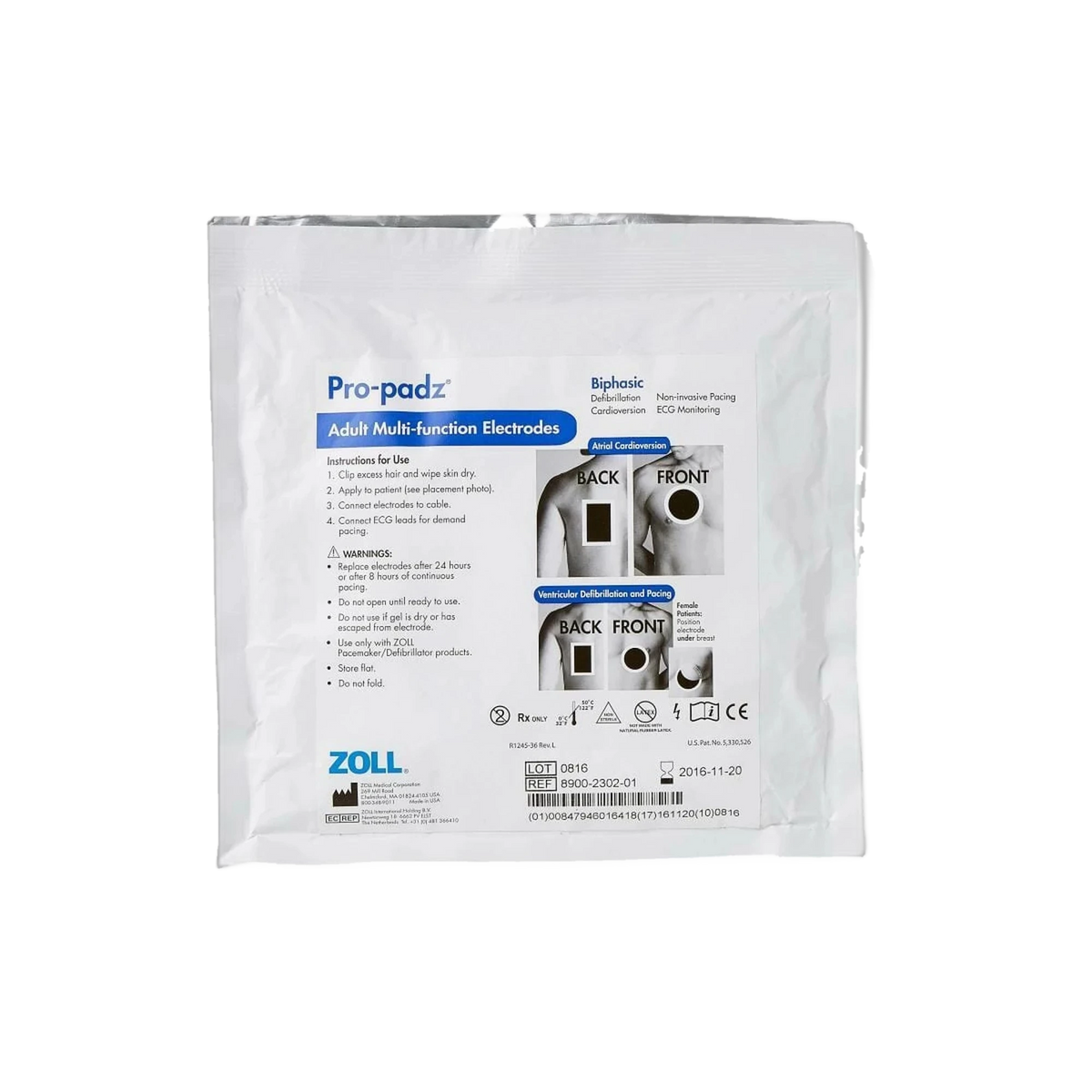 ZOLL Pro-padz biphasic adult multi-function electrodes in sealed package