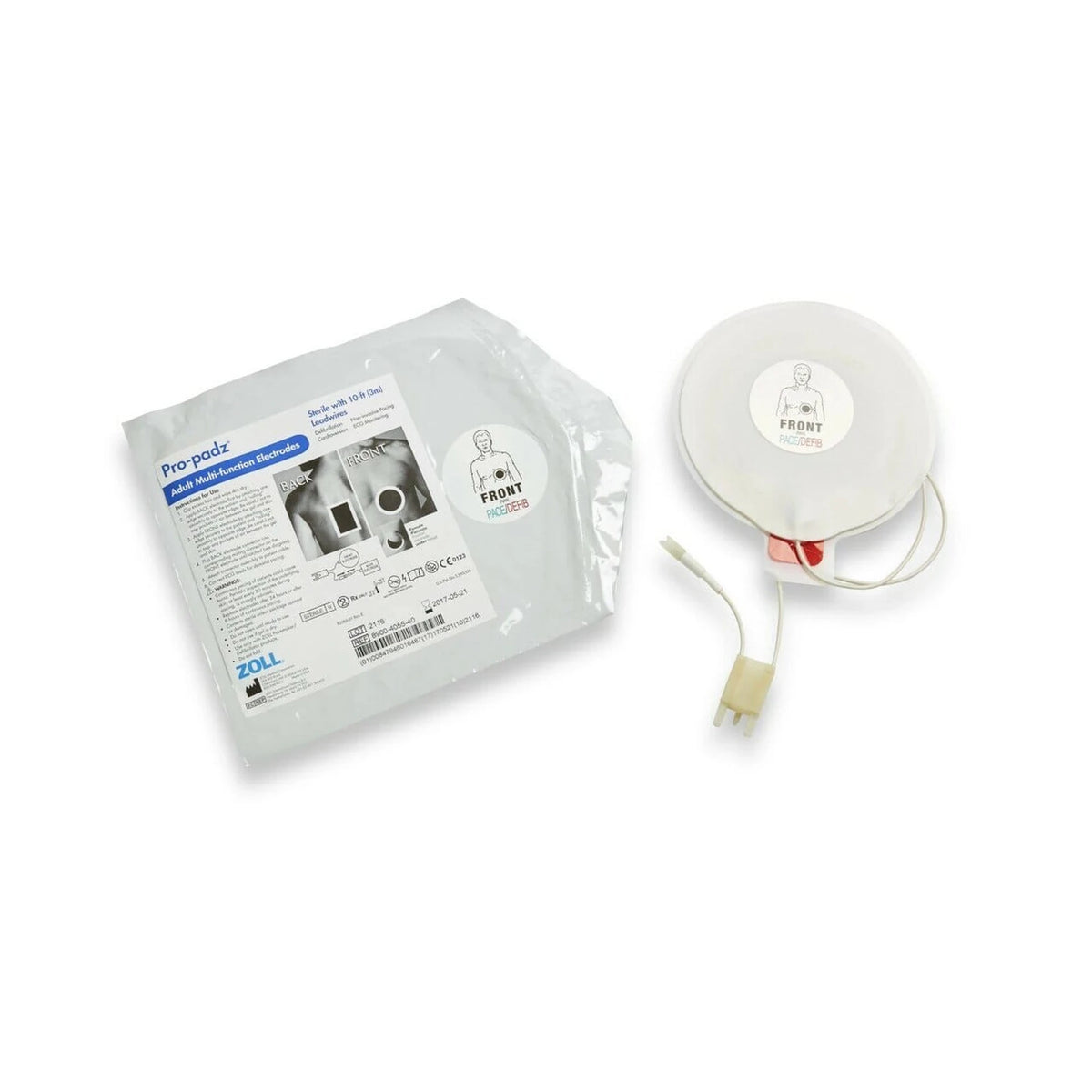 ZOLL multi-function electrodes in sealed package beside a round front electrode pad