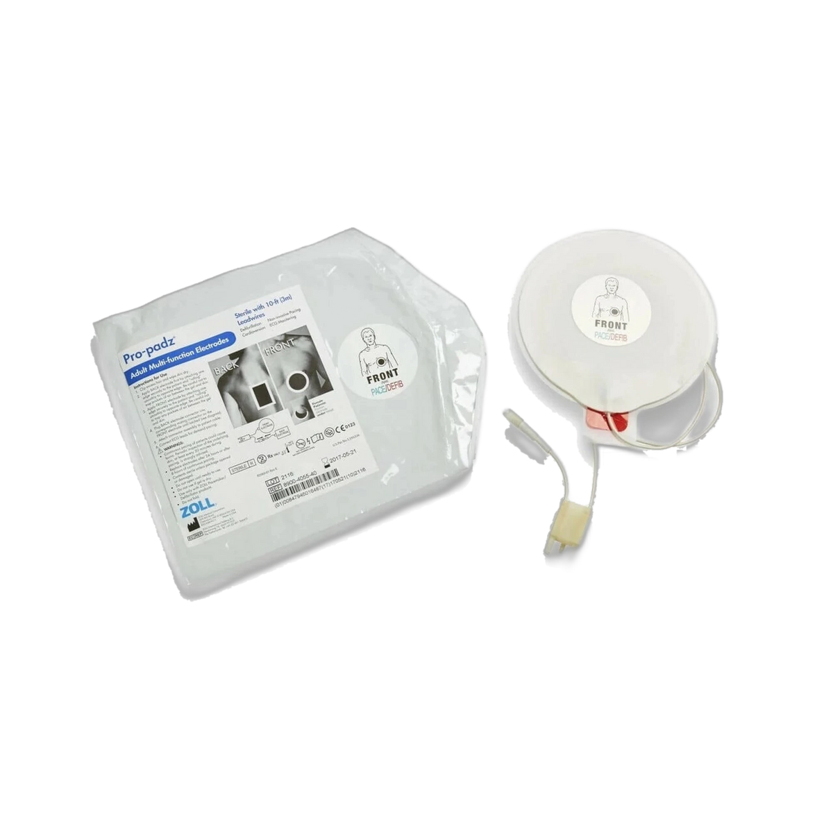 ZOLL Pro-padz multi-function electrodes in sealed package beside a round front electrode pad