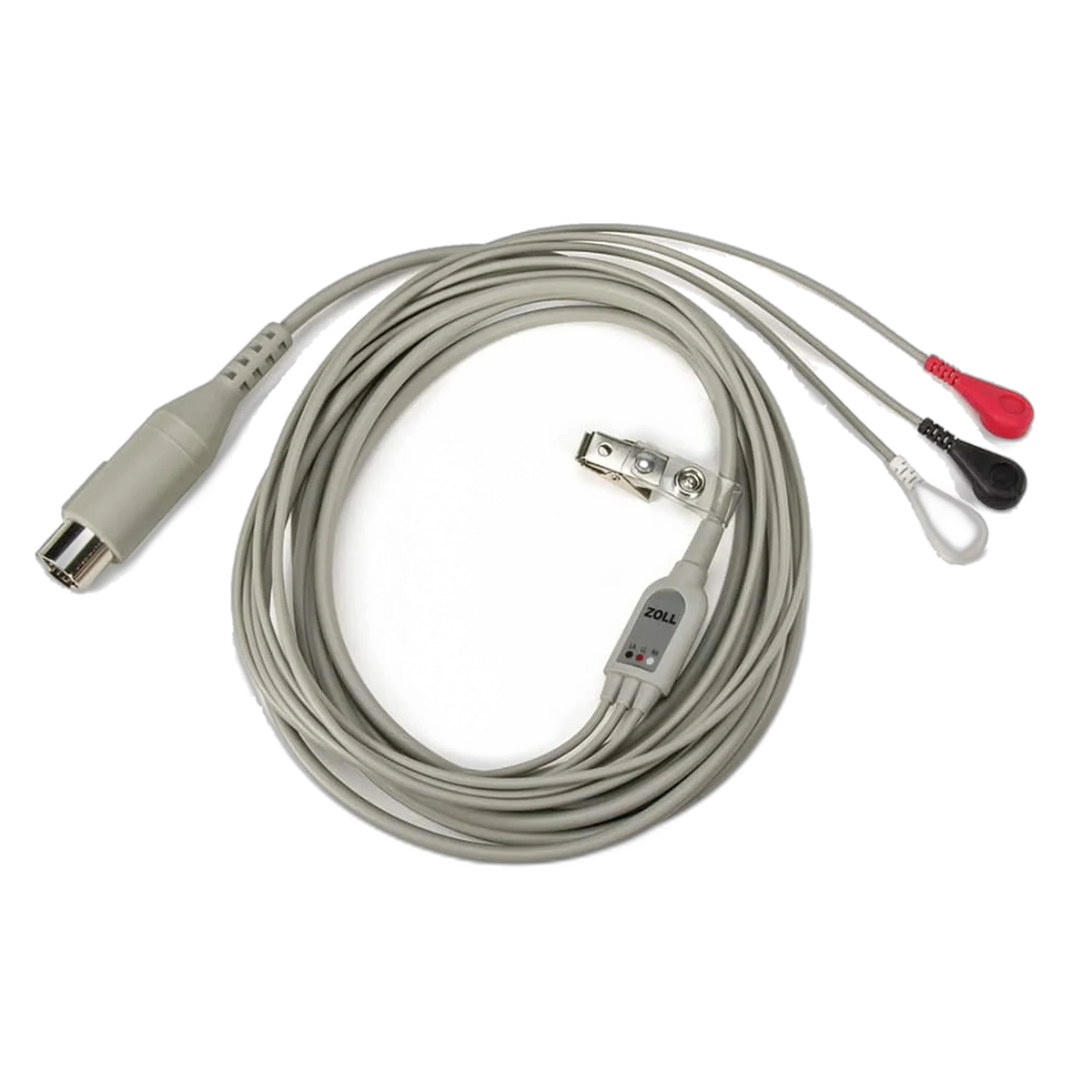 ZOLL 3-lead ECG patient cable, gray cable with red, black, and white snap leads