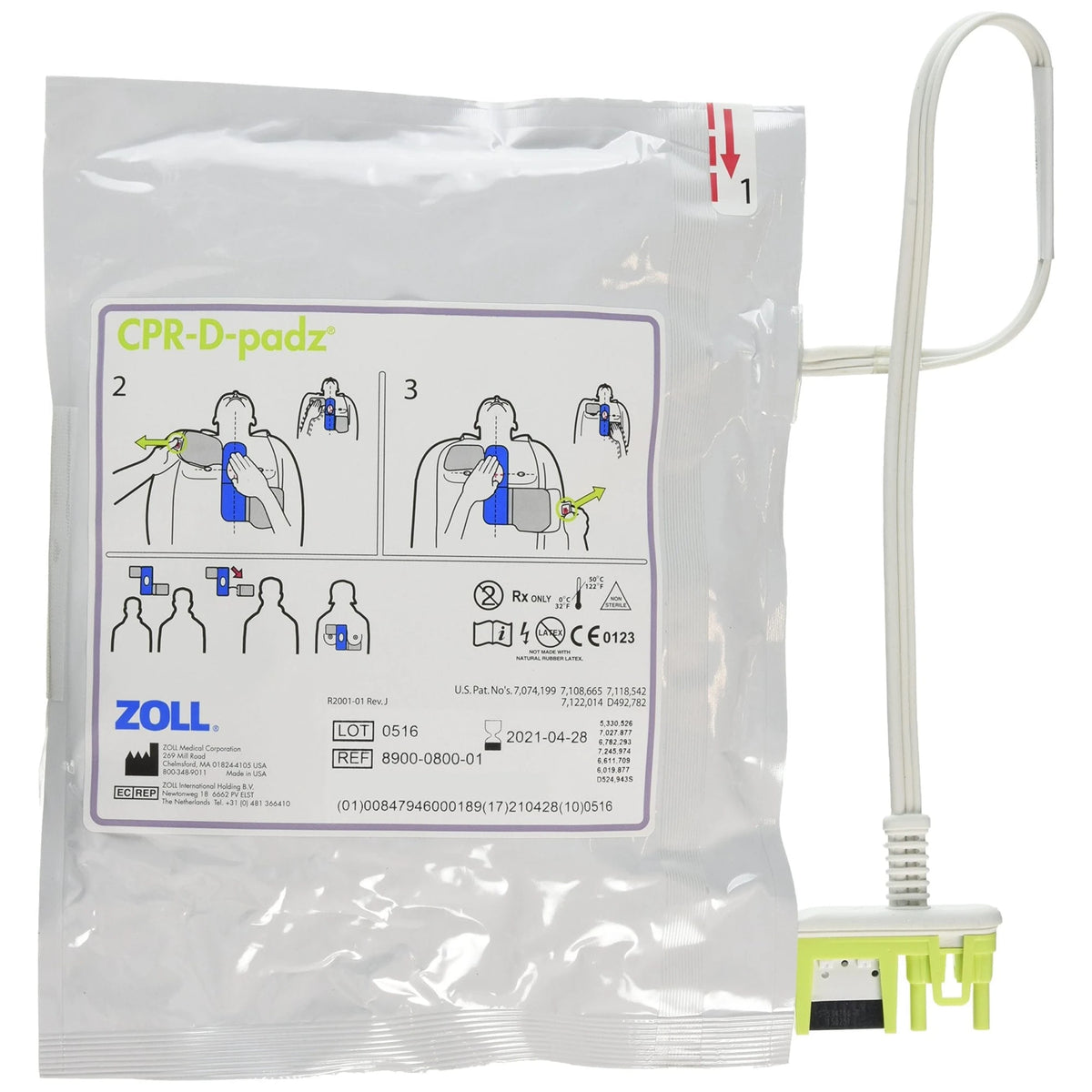 Zoll CPR-D-padz package, sealed pouch labeled "CPR-D-padz" with step 2 and step 3 application diagrams showing chest and back pad placement, REF 8900-0800-01