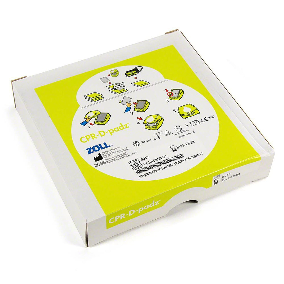 Zoll CPR-D-padz retail box, angled view showing the yellow-green "CPR-D-padz" branding and numbered application diagrams