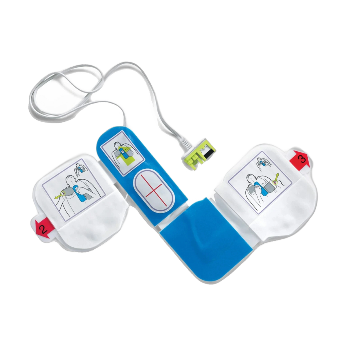 Zoll CPR-D-padz single-pad adult defibrillation electrode, folded blue-and-white pad with a green connector and looped white wire