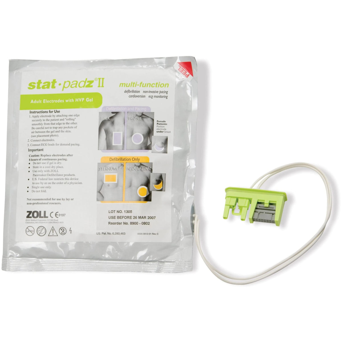 Zoll Stat-padz II Adult Electrodes with HVP Gel package, sealed foil pouch showing front/back and sternum/apex-lateral placement diagrams and a green connector