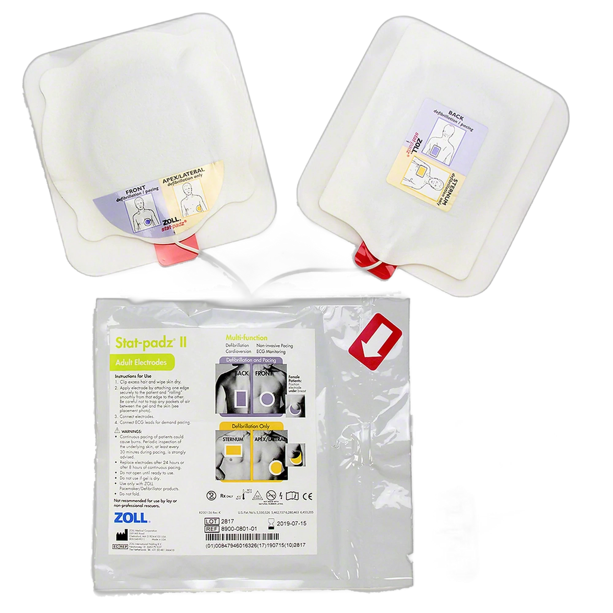Zoll Stat-padz II multi-function adult defibrillation electrodes, two square pads labeled Front/Apex-Lateral and Back/Sternum, connected by wires to a green connector, shown beside the sealed package