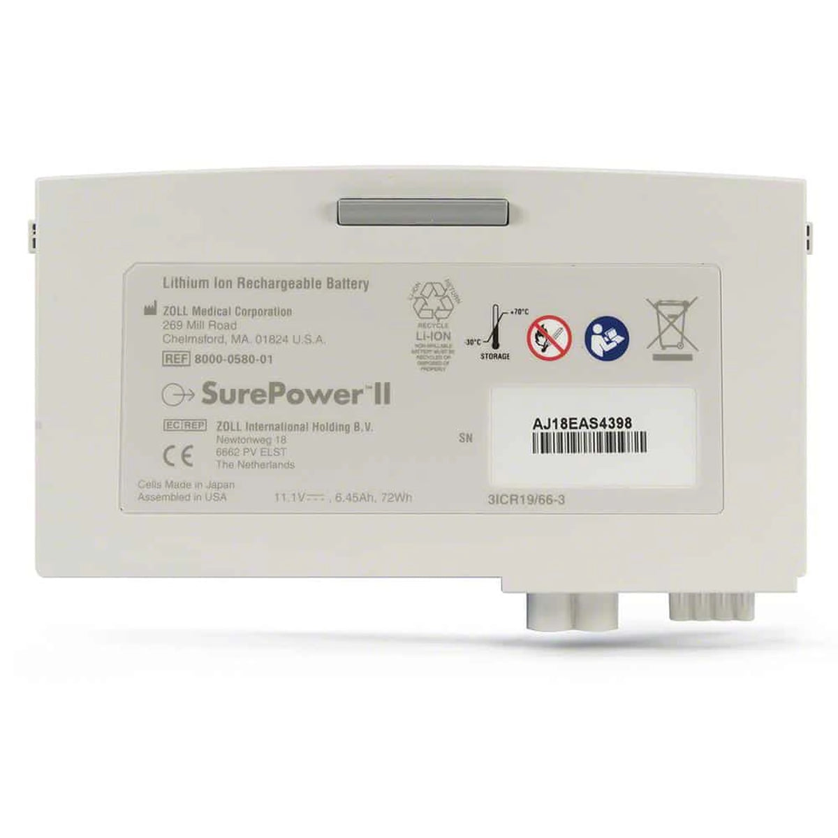 ZOLL SurePower II lithium ion rechargeable battery, label side